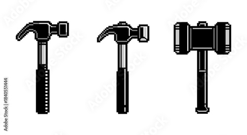 Pixel art hammers: classic, claw, mallet designs in black and white