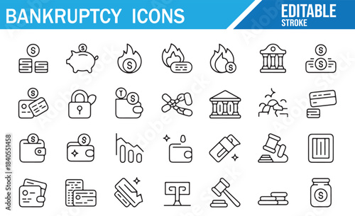 Bankruptcy and financial crisis icon set with debt and legal symbols