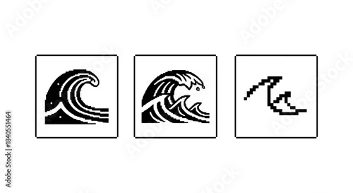 Pixel art waves collection featuring minimalist black and white ocean designs