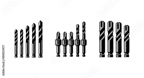 Set of different drill bits for various materials in monochrome style