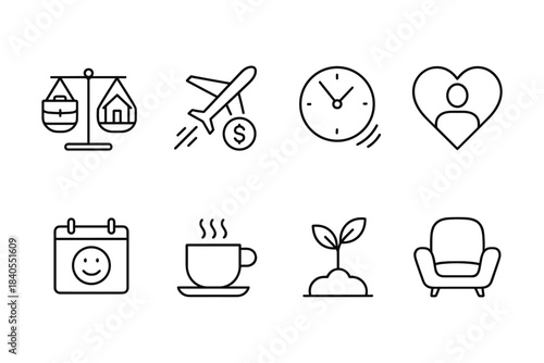 Minimalist icons: travel, time management, wellness, nature, comfort