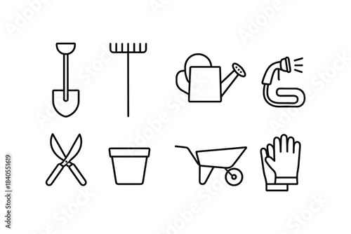 Minimalist line icons of essential gardening tools for home and landscape