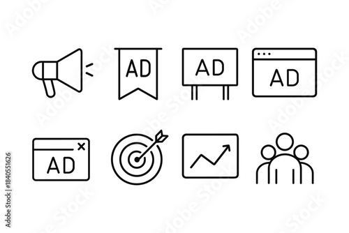 Digital advertising icons: online marketing and promotion symbols in minimalist linear style