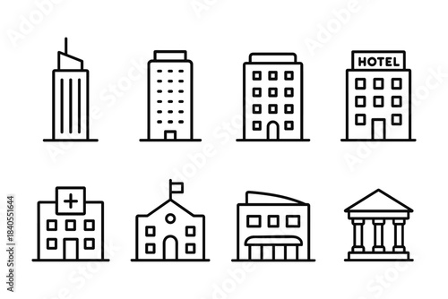 Urban building icons set: hotel, school, hospital, government, and more