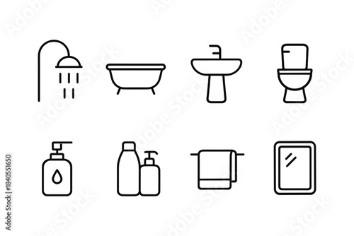 Minimalist bathroom icons set: shower, bathtub, sink, toilet, soap, towels, mirror