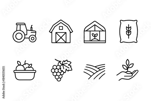 Minimalist farm icons: tractor, barn, greenhouse, and more in line art
