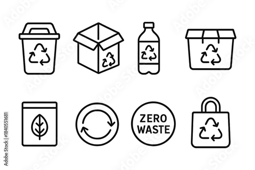Environmental icons set featuring recycle symbols on various sustainable products