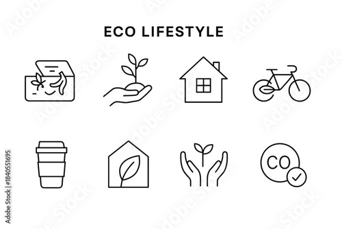 Eco lifestyle icons: minimalist set with nature and sustainability themes