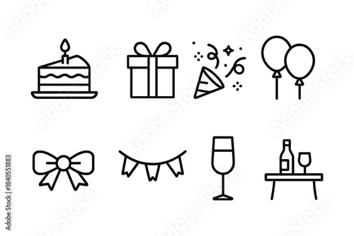 Minimalist party icons set with cake, gifts, decorations, and drinks