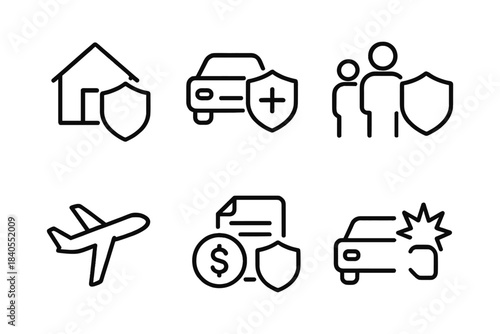 Minimalist insurance icons: house, car, family, health, travel, financial safety