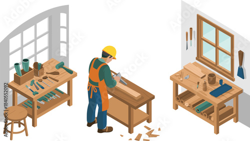 Carpenter working in workshop using hand tools, woodworking craftsman shaping wood on workbench, carpentry studio with tools, equipment, interior workspace