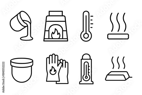 Industrial safety icons including thermometer, furnace, and protective gear in linear style