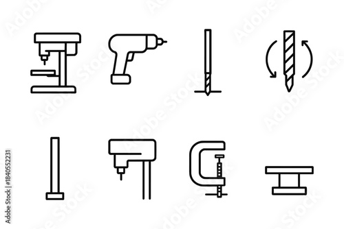 Black and white linear outline icons of various power tools and equipment