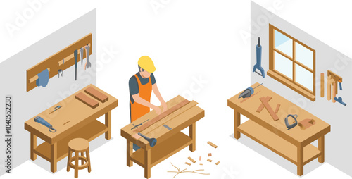 Carpenter working in workshop using hand tools, woodworking craftsman shaping wood on workbench, carpentry studio with tools, equipment, interior workspace