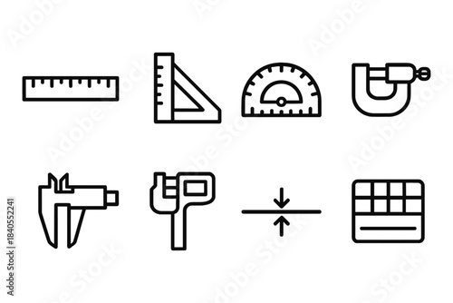 Metric tools icons: ruler, caliper, micrometer, protractor in linear style