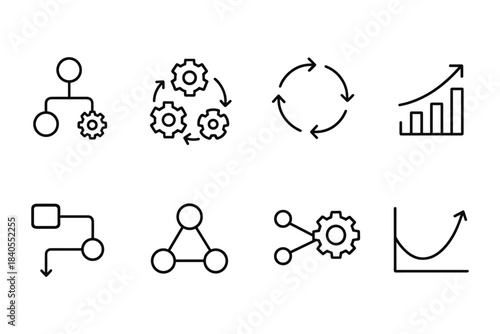 Linear icon set: process diagrams and growth arrows