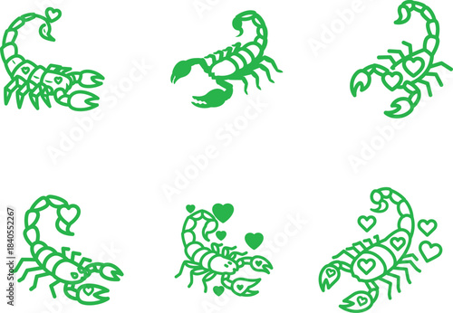 A captivating collection of six unique green scorpion vector illustrations featuring diverse