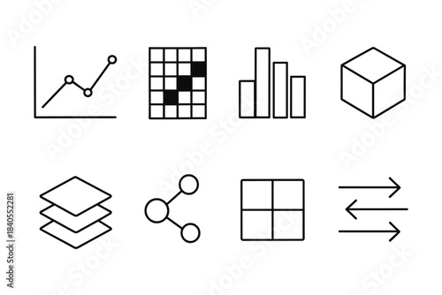 Minimalist line icons for data and graphs: charts, cubes, layers, sharing
