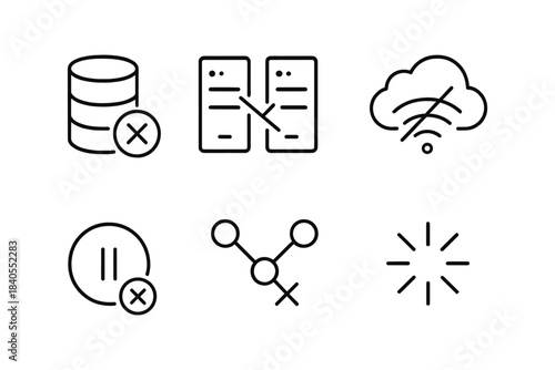 Minimal line icons: database, wireless connectivity, and network symbols