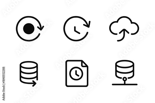 Simple data backup and cloud sync icons in minimalist black and white