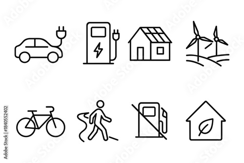 Sustainable energy and transportation icons: electric vehicles, solar homes, wind turbines