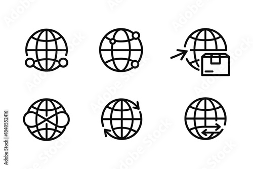 Global connection symbols: minimalistic globe and delivery icons set