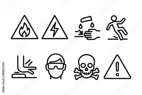 Set of safety warning icons with hazard symbols in linear style