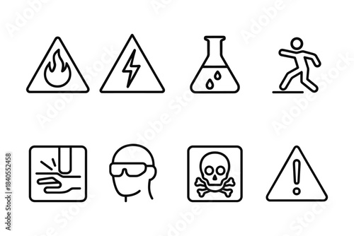 Safety warning icons set with hazard, chemical, and alert symbols