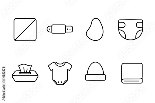 Minimalist baby care icons set: diaper, wipes, onesie, bottle, blanket, hat