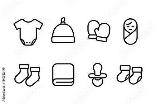 Minimalist baby essentials icons: clothing, accessories, and more in linear style