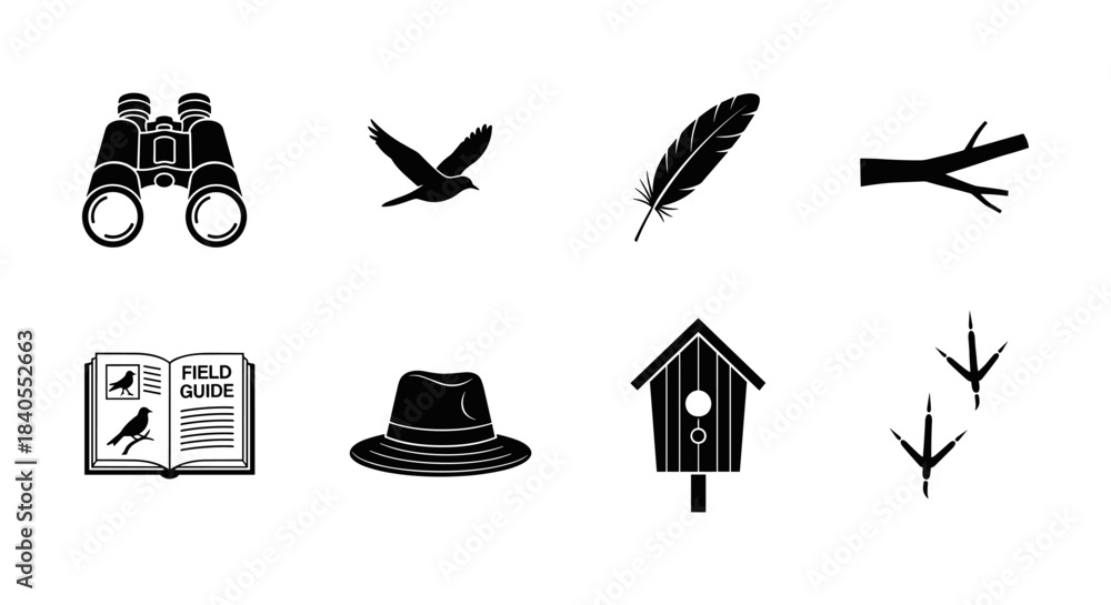 Obraz premium Birdwatching essentials: silhouettes of binoculars, birds, feathers, and more
