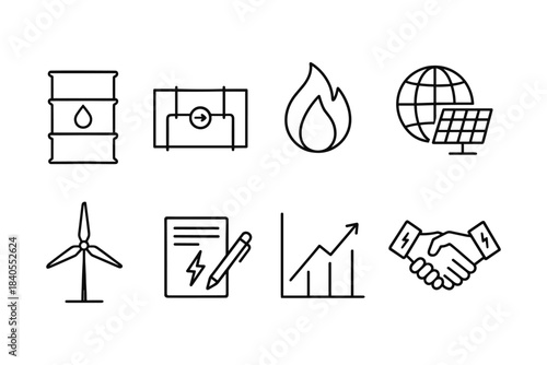 Energy icons set: renewable, sustainable, and power line graphics for modern design