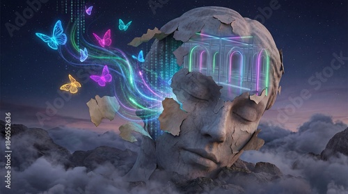 A giant woman face with closed eyes, its skin peeling away to reveal a swirling void of floating data streams, binary code, and neon butterflies escaping into the sky. The person is dreaming...