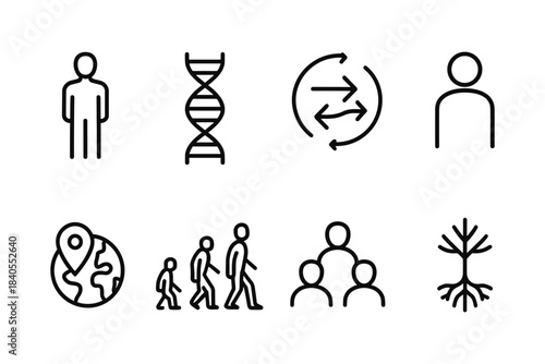 Linear icons representing humanity, genetics, evolution, and connectivity concepts