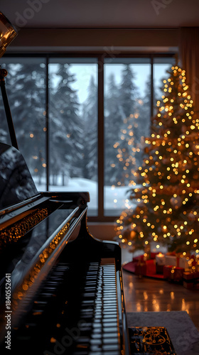 Grand piano and glowing Christmas tree create warm, festive scene overlooking serene winter wonderland. cozy ambiance invites joyous celebration and peaceful reflection during holiday season