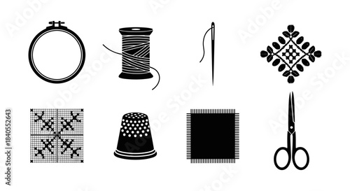 Sewing essentials silhouette: needle, thread, scissors, hoop, thimble, patterns