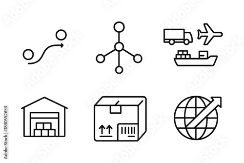 Logistics and supply chain icons set: warehouse, shipping, global network, line art
