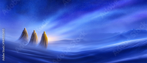 Abstract icy landscape with three small illuminated peaks emerging from swirling blue mist, evoking a dreamy, surreal and mysterious winter fantasy environment.