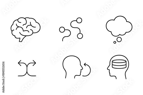 Minimalist icon set of brain and mind concepts in linear design