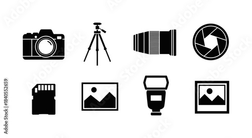 Photography equipment icons: camera, tripod, lens, shutter, memory card, flash