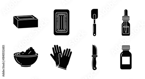 Silhouette icons of soap, kitchen tools, and skincare products for home and beauty