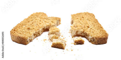Photos Broken rusks with wholewheat flour, pieces whole wheat dry bread with crumbs iso