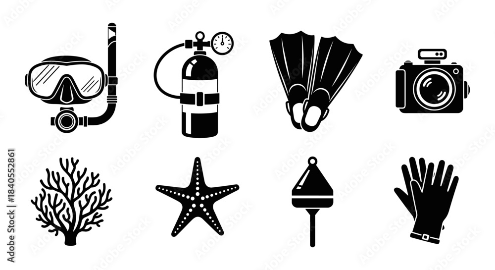Fototapeta premium Diving equipment and marine elements icon set in black silhouette style