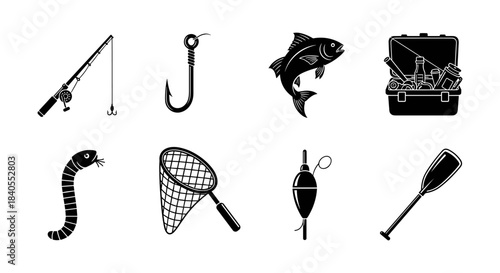 Fishing gear icons: black and white set with rod, hook, fish, box, bait, and paddle