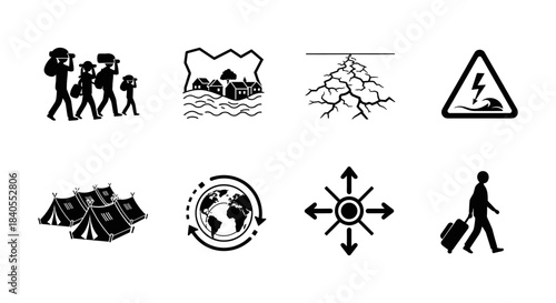 Silhouette icons of natural disasters and travel preparedness