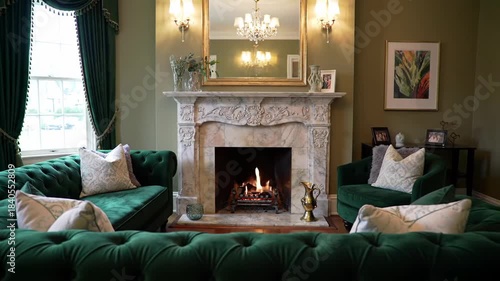 Luxurious living room featuring green sofas, fireplace with fire, mirror, and art