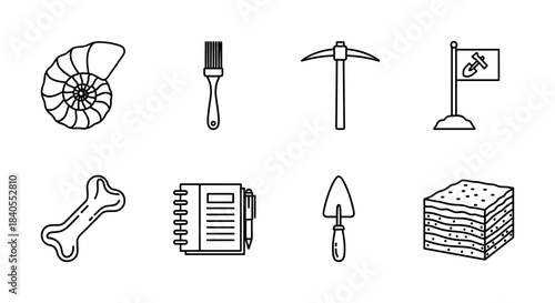 Archaeology tools and symbols set in outline style