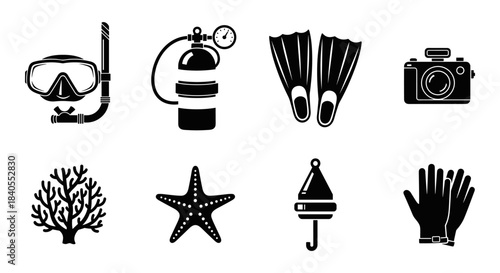 Diving equipment silhouettes: scuba gear, underwater accessories, marine symbols