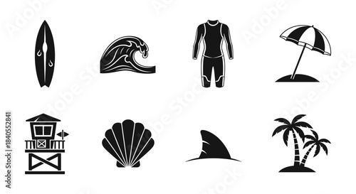Beach and surf silhouettes: summer icons including waves, surfboard, and lifeguard tower