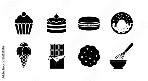 Silhouette dessert icons: cupcake, cake, macaron, donut, ice cream, chocolate, cookie, baking